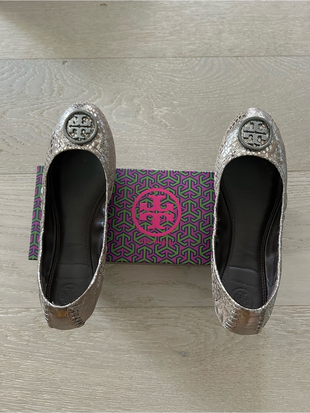 Tory Burch Silver Metallic Reva Snake-Textured Ballet Flats